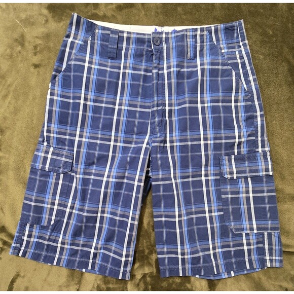 Men's Pacific Blue Lightweight Plaid Cargo Shorts 2 Pairs Brown Blue Size 32 - Picture 2 of 5